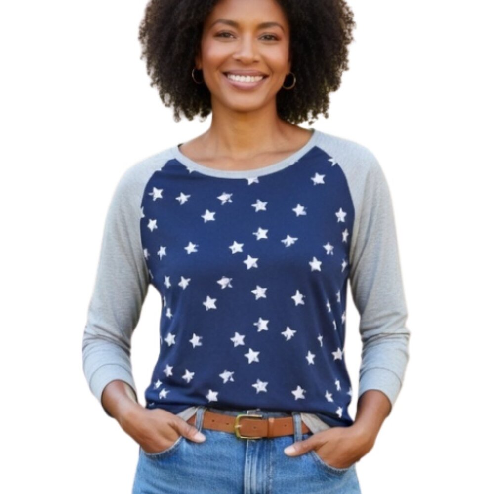 NWT Poof Blue Star Print Long Sleeve Raglan Tee Shirt Gray Sleeves Women's small